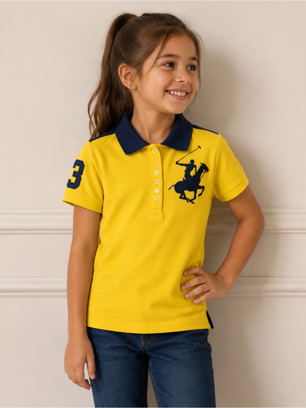Beverly Hills Polo Club Girls Yellow Polo with Navy Logo